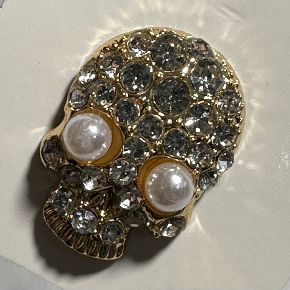 Glam Crystal Pearl Gold Skull Brooch Pin Sparkly Rhinestone Lapel Jacket Hat NWT - Picture 5 of 11